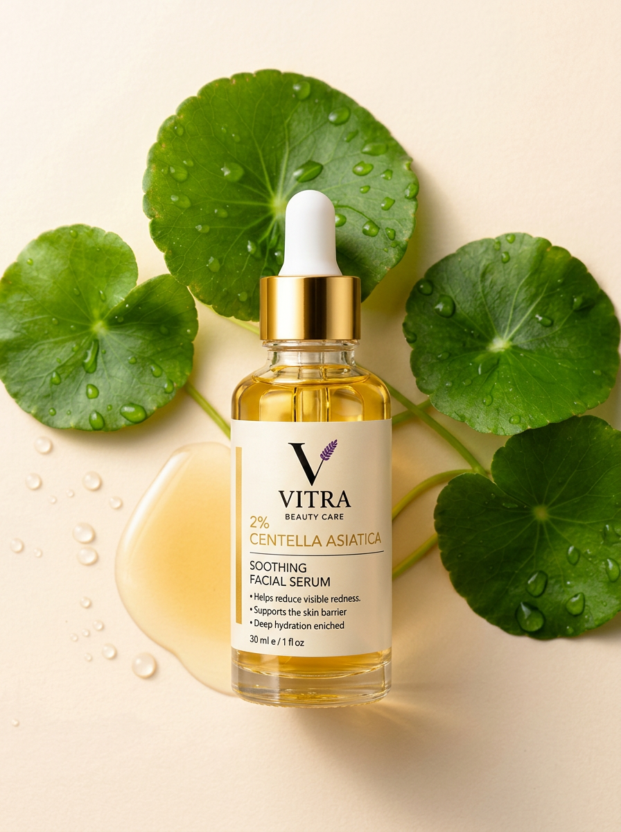 VITRA Centella Asiatica serum bottle with botanical leaves